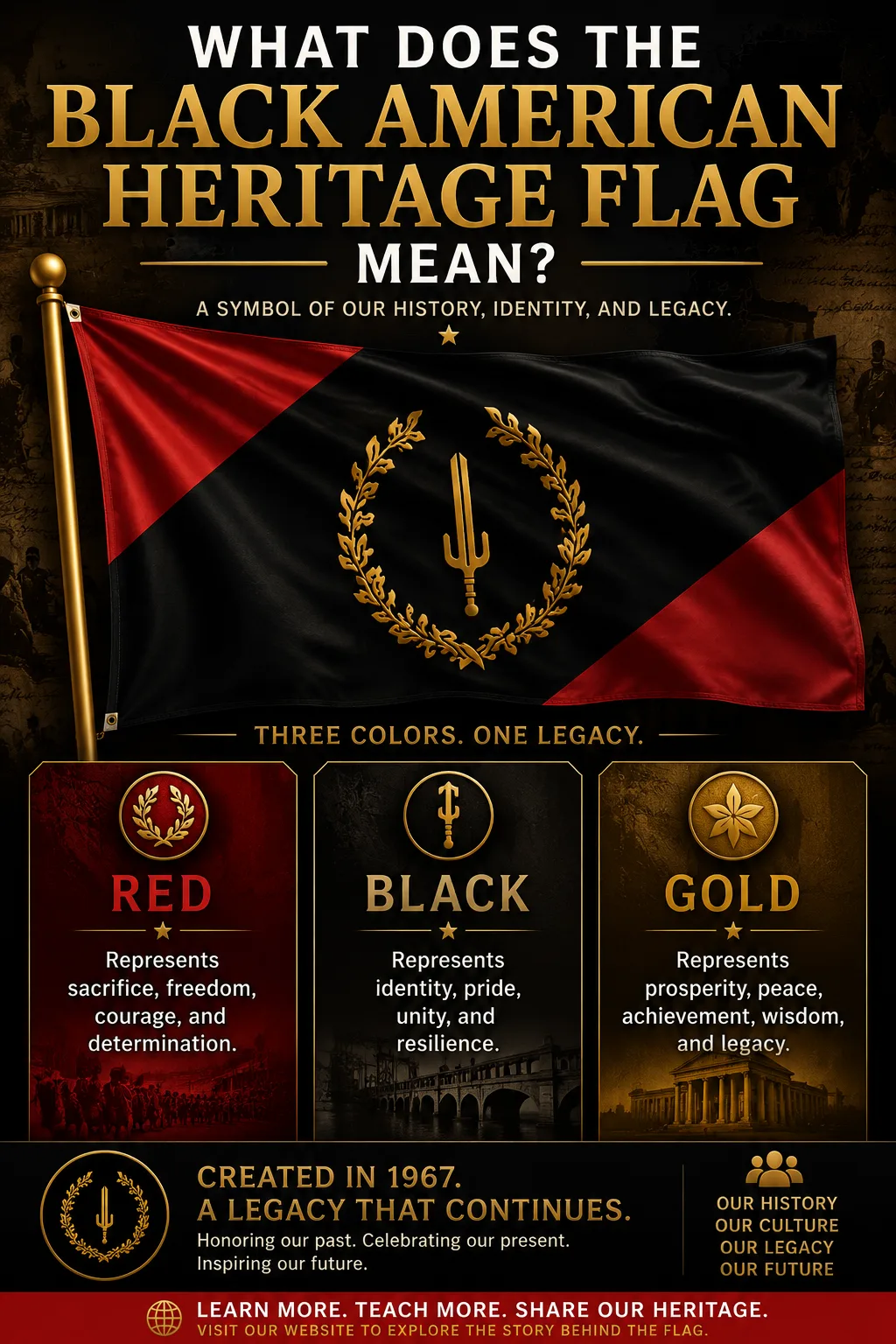 Black American Heritage Flag symbols explained — the gold blunted sword (controlled strength and justice) encircled by a fig-leaf wreath (peace, prosperity, and triumph) on the black center field